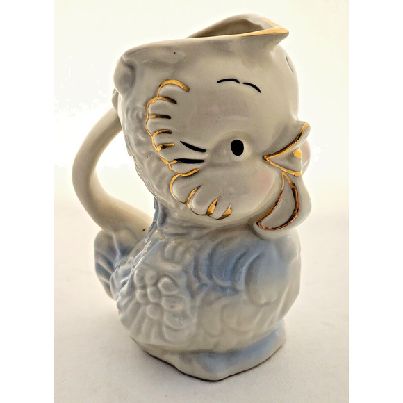 PITCHER-VASE-Vintage-Duck-Blue-Cream-Gold Trim-MCM-HANDLE-3D - Picture 2 of 14